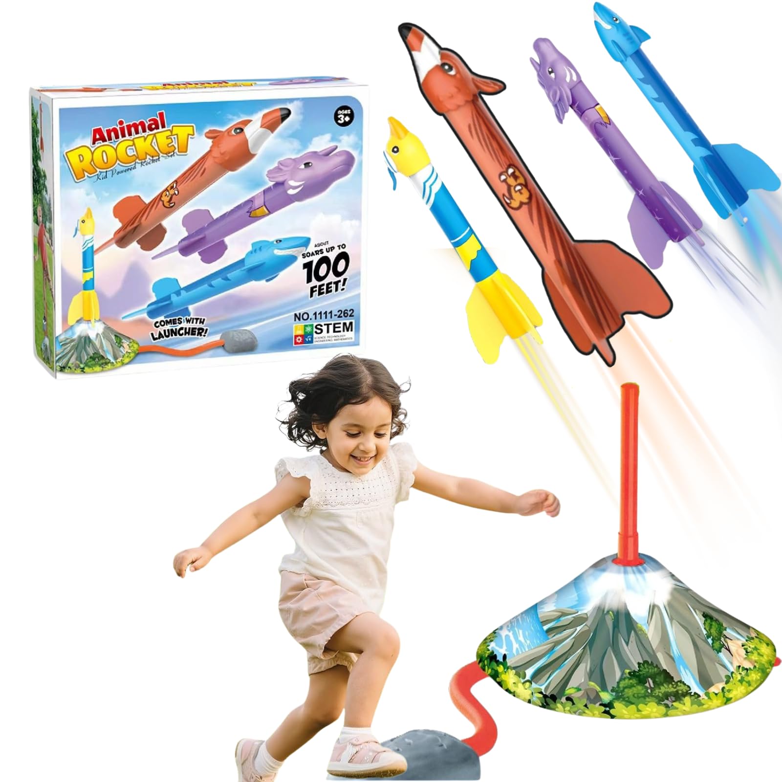 SIXHANS Stomp EVA Rocket Launcher for Kids - 4 Animal Themed Rockets Launch Up to 100ft, Easy Assembly STEM Soft Foam Blaster Set,Fun Backyard & Outdoor Rocket Stomper Gifts for Boys & Girls Age 3+