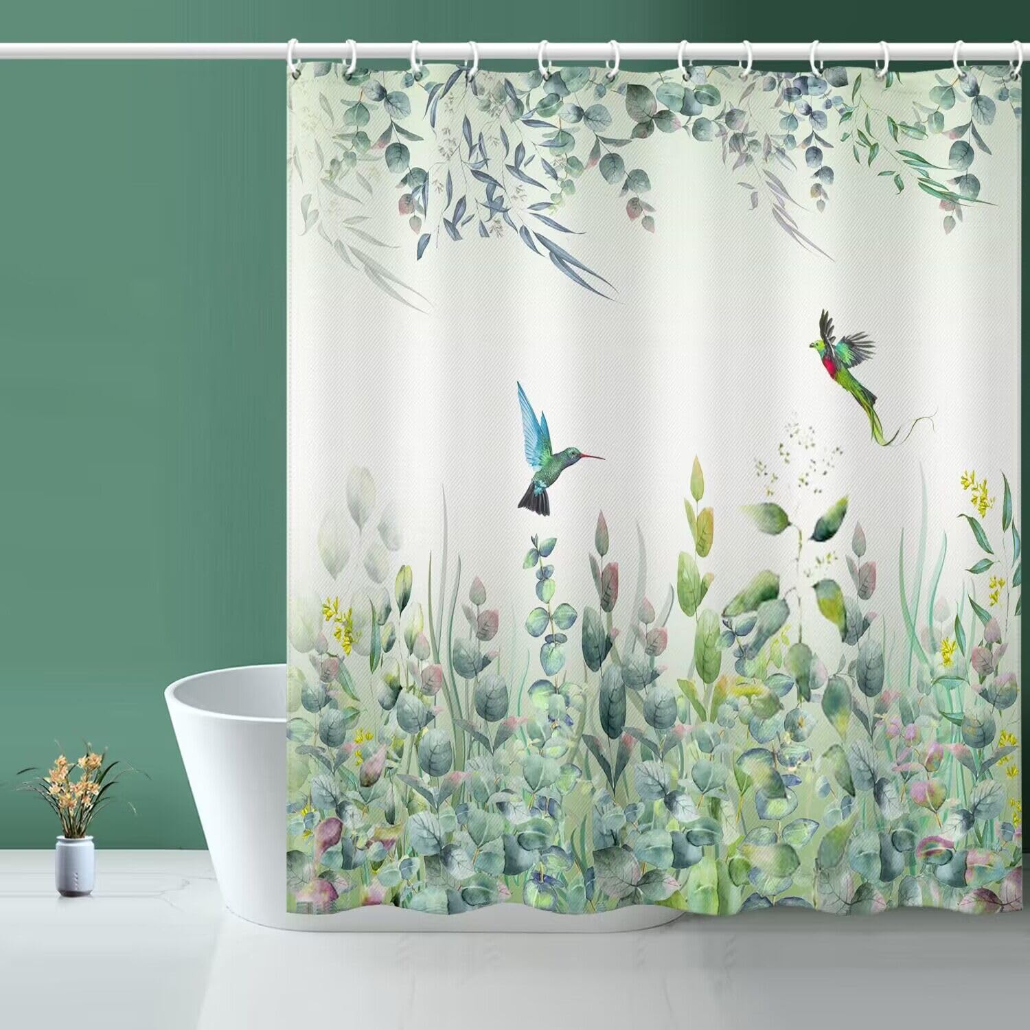 Photo 1 of Niidder Green Leaf Shower Curtain, Emerald Bird Mint Green 72 “W x 72” L with 12 Hooks, Weighted Hem Bathroom Shower Curtain, Hummingbird Shower Curtains Water Resistant