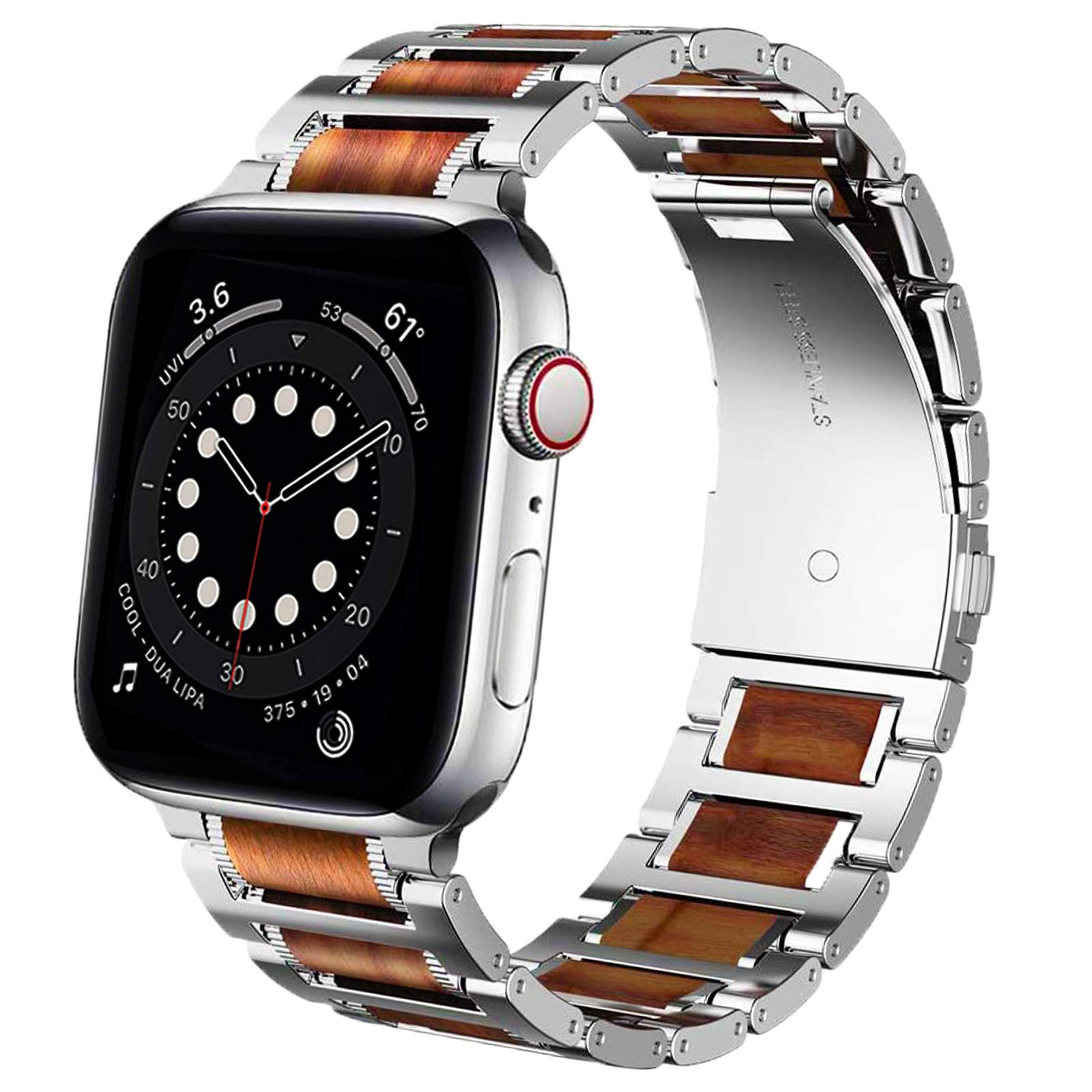 Miimall Strap Compatible for Apple Watch 38mm/40mm, Wooden Stainless Steel Adjustable Link Sandalwood Band With Butterfly Metal Clasp Bracelet for iWatch SE Series 7/6/5/4/3/2/1 38mm/40mm(Silver)