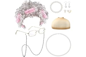 Sanfenly Old Lady Wig Granny Costume for Women Grandma Wig Granny Glasses Chain Pearl Necklace Earrings Bracelet Hair Rollers