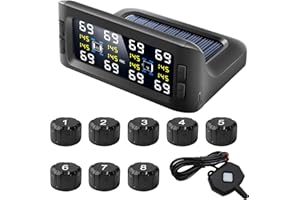 B-Qtech Tire Pressure Monitoring System Solar RV TPMS【4/6/8 Tire Switching】 with 8 Sensors & Signal Booster for Tow Trailer, 199Psi/13.7Bar, 7 Alert Modes Real Time Alarm System