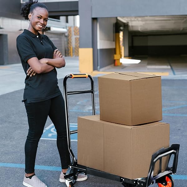 FOLDING HAND TRUCK,500LBS CAPACITY HEAVY DUTY CARRYING HAND CART,IRONTON STEEL HAND TRUCK WITH 4 ROTATE WHEELS,FOR LUGGAGE, MOVING, SHOPPING, OFFICE,TRAVEL USE(ORANGE)