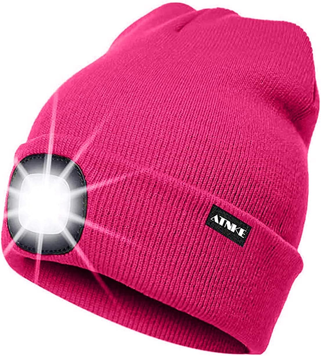 ATNKE LED Lighted Beanie Cap,USB Rechargeable Running Hat Ultra Bright 4 LED Waterproof Light Winter Warm Gifts for Men and Women/Rose Red