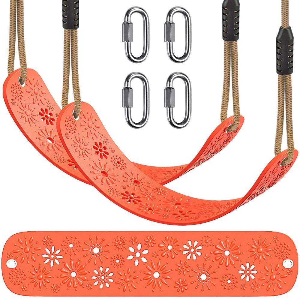 BeneLabel 2pcs Swing Seat, Kids Soft Plastic Swings Indoor/Outdoor Child Tree Swinging Board with Adjustable 130-200cm Rope for Toddler/Baby/Teens/Adult, Orange Flower / 600lbs
