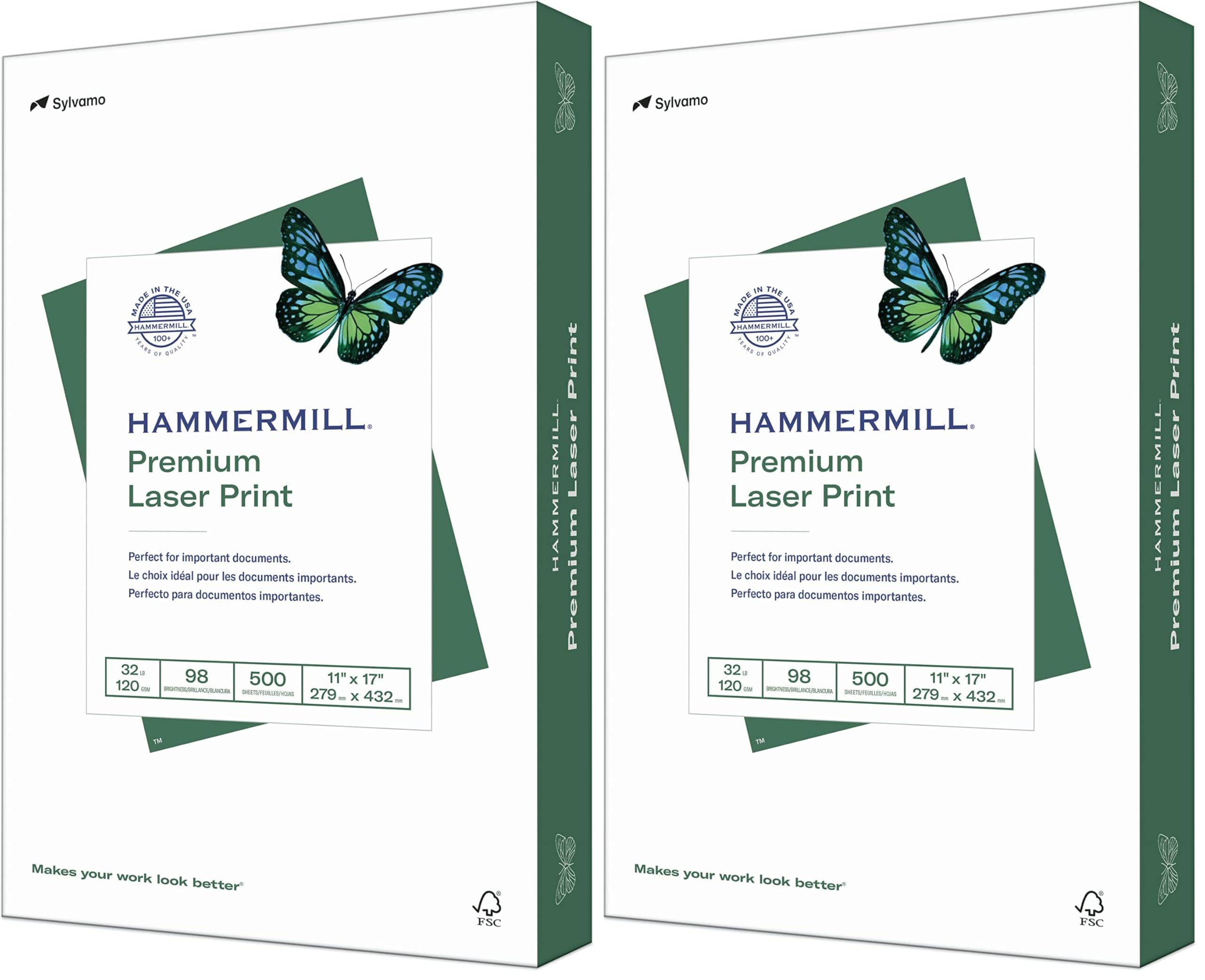 Hammermill Printer Paper, Premium Laser Print 32 lb, 11 x 17-1 Ream (500 Sheets) - 98 Bright, Made in the USA, 104653R (Pack of 2) Image