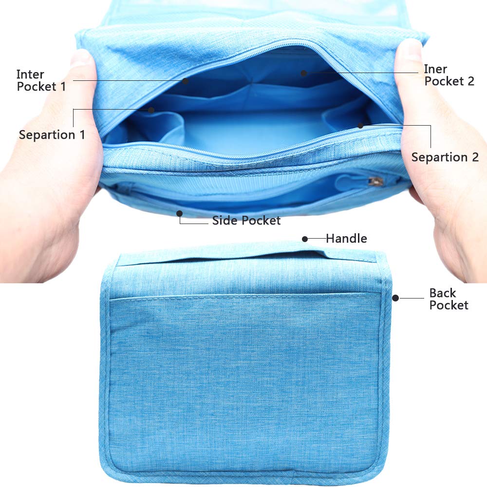 Hanging Toiletry Bag Water Resistant, Travel Wash Bags Cosmetic Bags with 8 Pouches, Bathroom Shower Organizer Portable Durable for Men and Women (Blue)