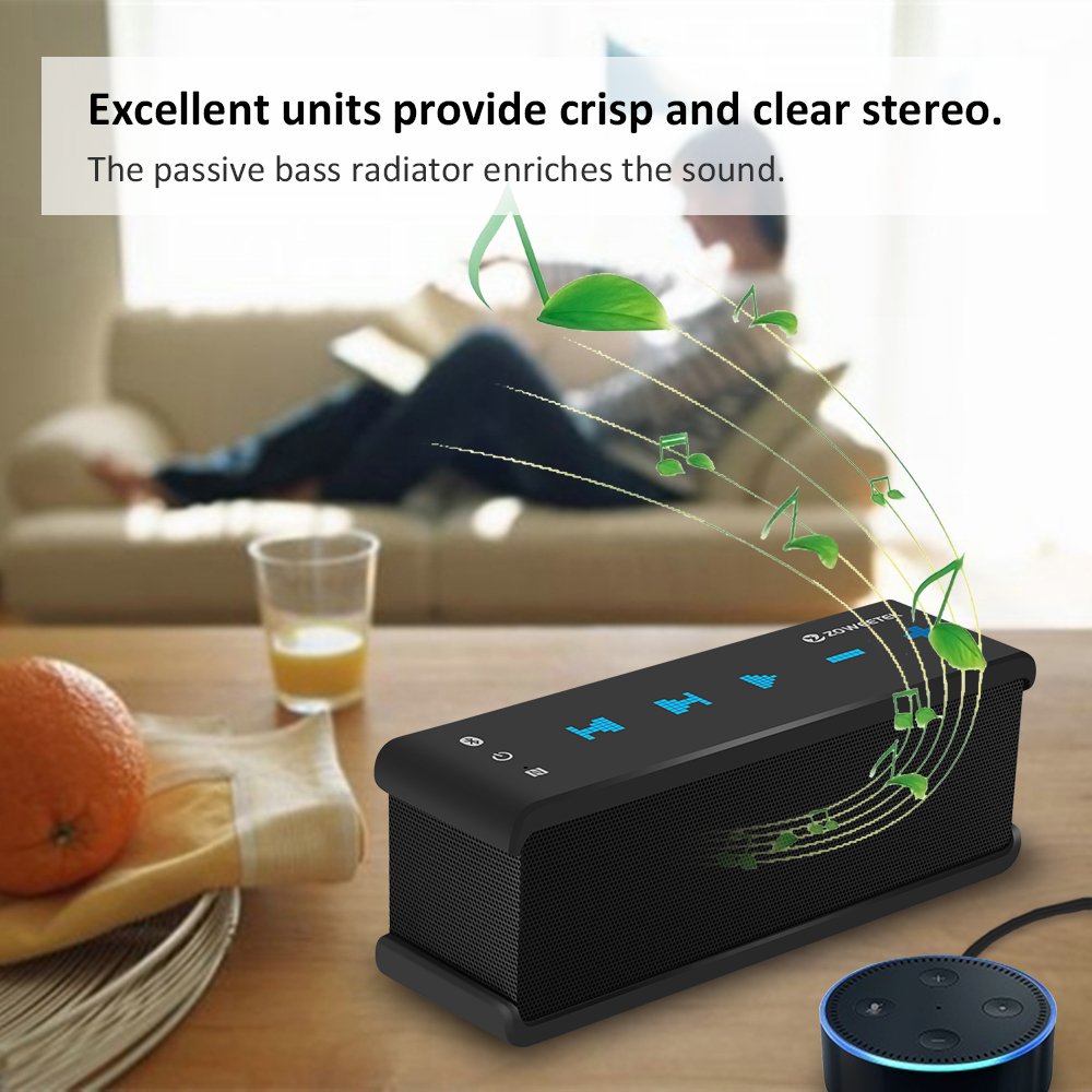 Zoweetek Portable Bluetooth Wireless Speaker with AUX Input and NFC, Dual Bass Driver Mini Stereo Subwoofer with Built-in Microphone for Outdoors& Home, Supporting Echo Dot and TF(Mirco SD) Card