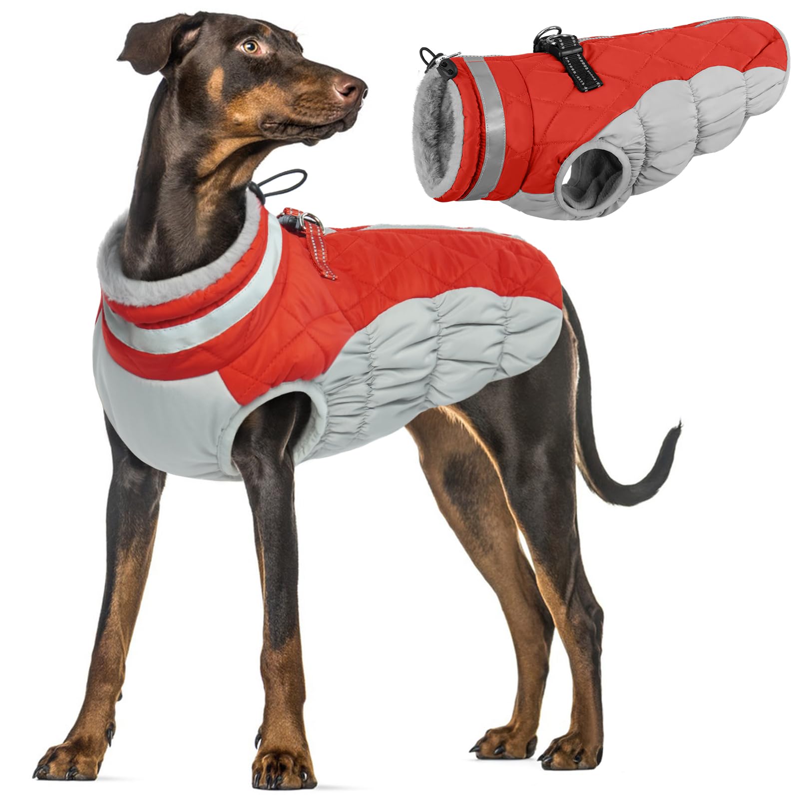 Waterproof Dog Jacket for Winter, Warm Zip Up Fleece Coat Dog Cold Weather Coats with Reflective Stripes Outdoor Windproof Pullover Apparel(Red, XL)