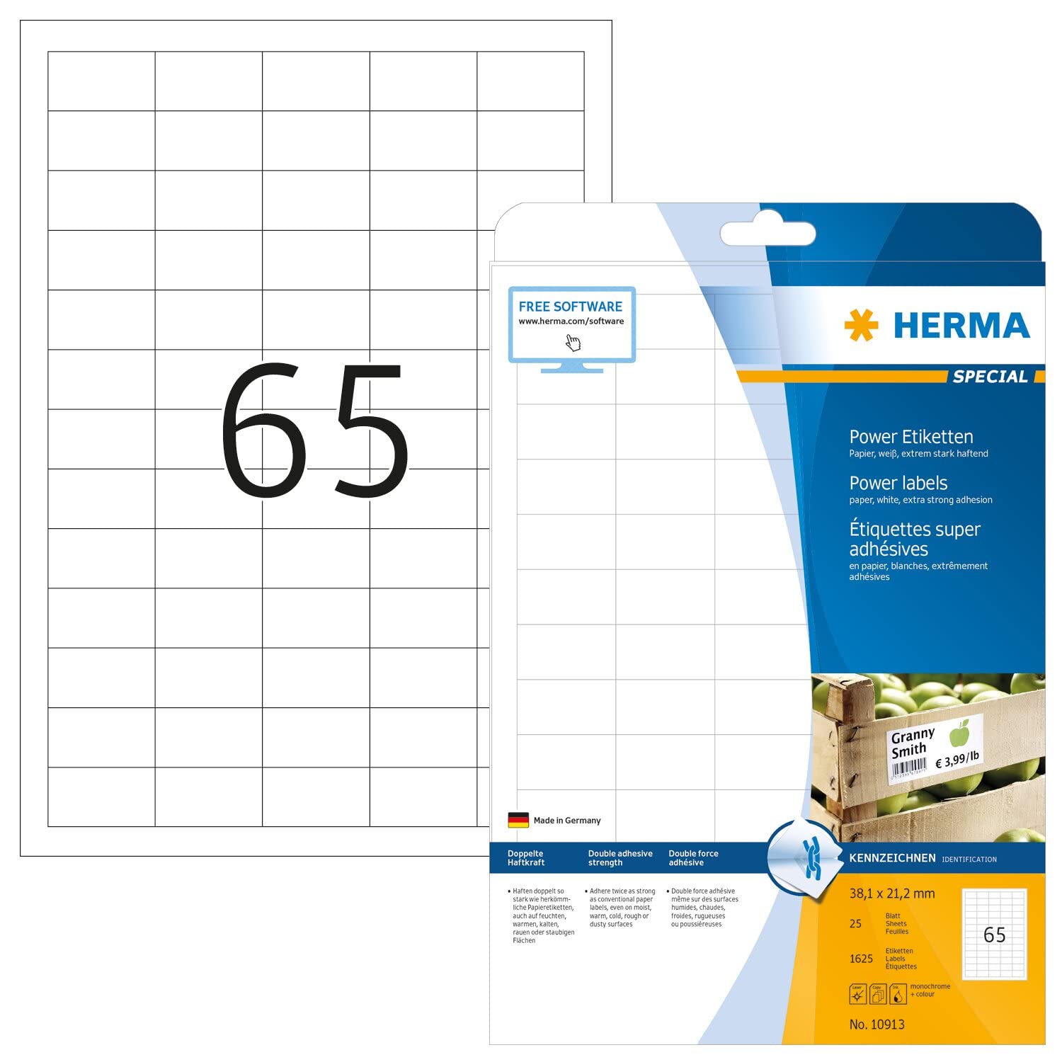 HERMA Extra Strong Adhesive Labels, 65 Labels per A4 Sheet, 25 Sheets, 38.1 x 21.2 mm, 1625 Labels, Blank Heavy Duty Labels Stickers, Sticky Labels for Laser & Inkjet Printer, White — image 1