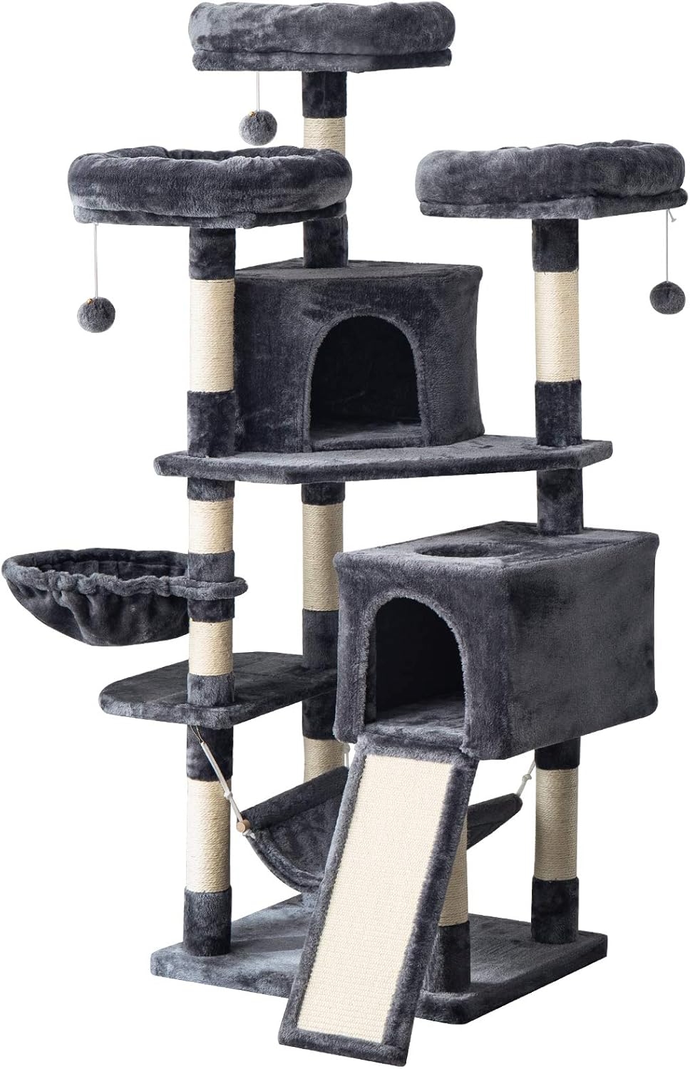 IBUYKE 63 inches Multi-Level Cat Tree Tower for Large Cats Play Furniture Cat Condo with Sisal Scratching Posts&Board, Platforms, Hammock Basket, Dangling Balls, Smoke Gray UCT021G : Pet Supplies