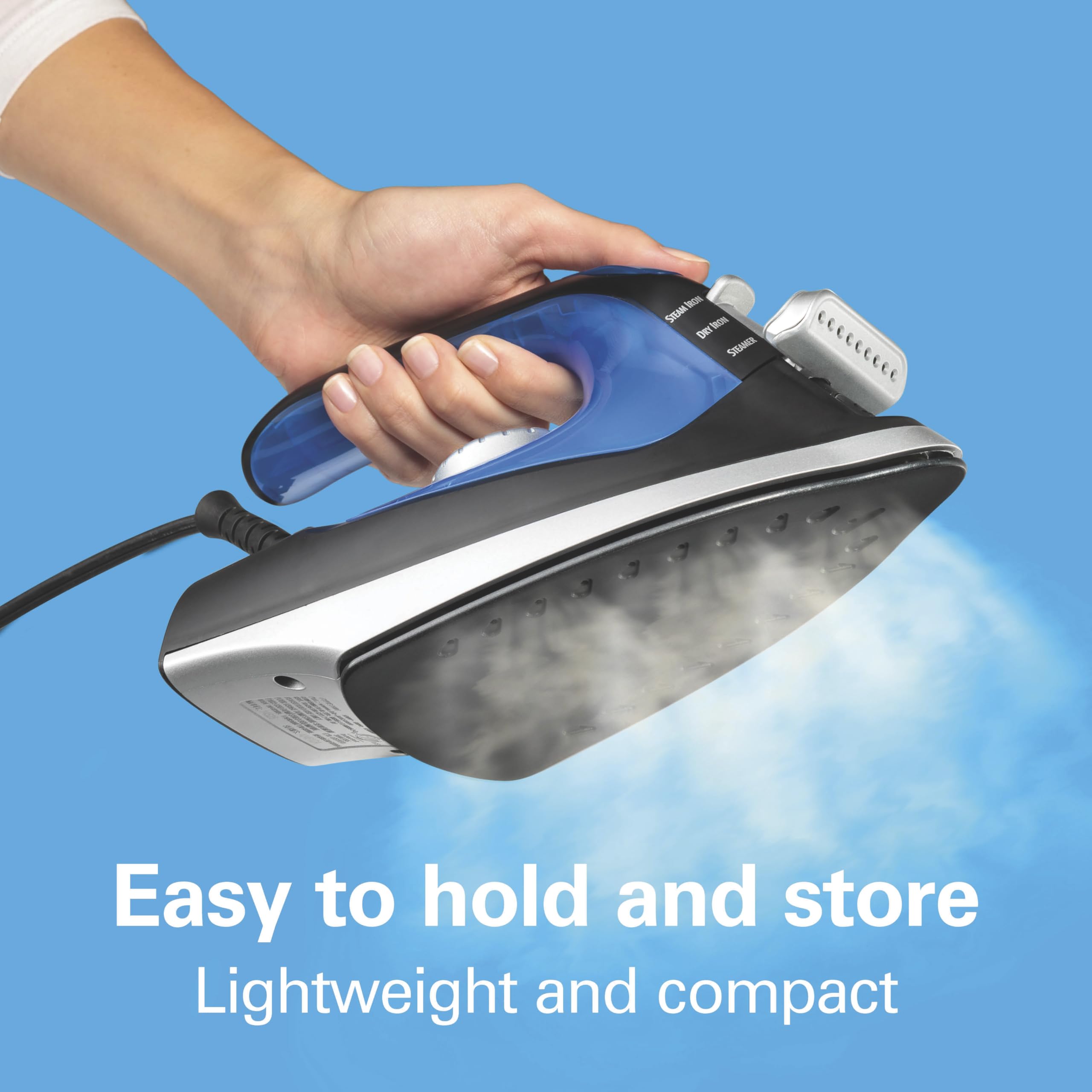 Hamilton Beach 2-in-1 Steam Iron for Clothes and Garment Steamer with 5 Temperature Settings, Nonstick Soleplate, 1200 Watts, 8’ Cord, Black & Blue (14525F)