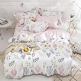 BuLuTu Floral Love Print Girls Duvet Cover Full White/Pink Cotton Premium Blossom Kawaii Reversible Kids Bedroom Comforter Cover Queen Duvet Cover for Toddler,Teen,Lightweight,Zipper Closure