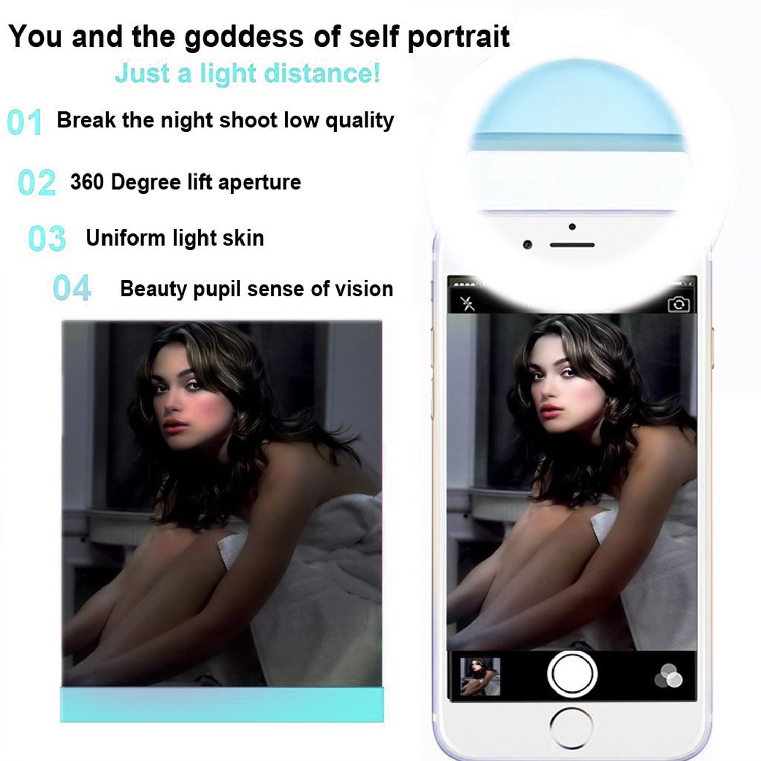 Rechargeable Selfie Ring Fill Light 3 Levels Gears Brightness with USB Charging Cable for iPhone 7/7 Plus /6/6s Plus/6/6s/5/5s/4/4s, Samsung Galaxy S7/S7 Edge/S6 Edge/S6 Edge+,Note 5/4/3/2,Cellphone