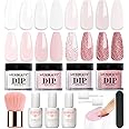 AZUREBEAUTY 4 Colors Dip Powder Nail Kit Starter, Transparent Nude Neutral Pink Glitter, Dipping Powder Set All Seasons, French Nail Art Base Top Coat Activator Liquid Manicure DIY Salon 12 PCS