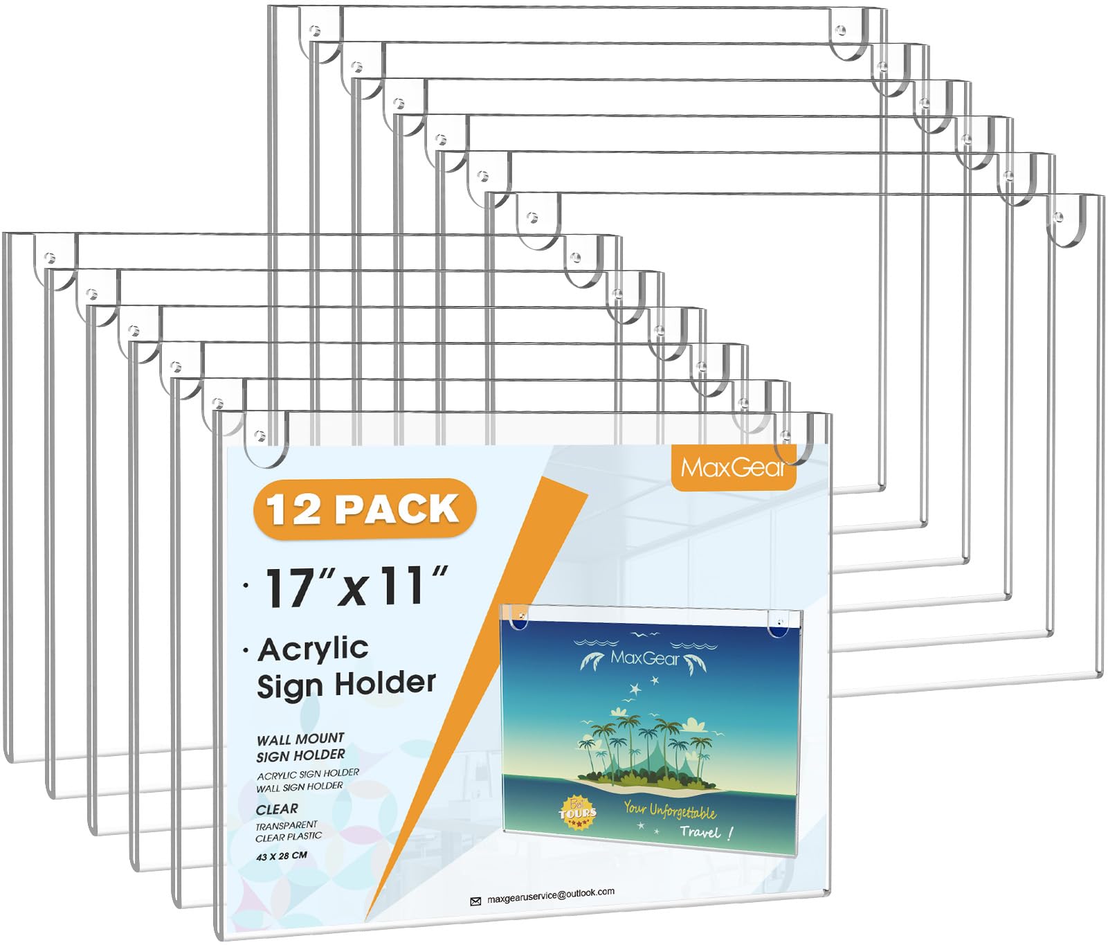 Photo 1 of MaxGear Acrylic Sign Holder 11 x 17 Inch, Wall Mount Sign Holders Clear Plastic Picture Frame with Adhesive Tapes and Mounting Screws for Office, Home, Store, Restaurant, Landscape, 12 Pack