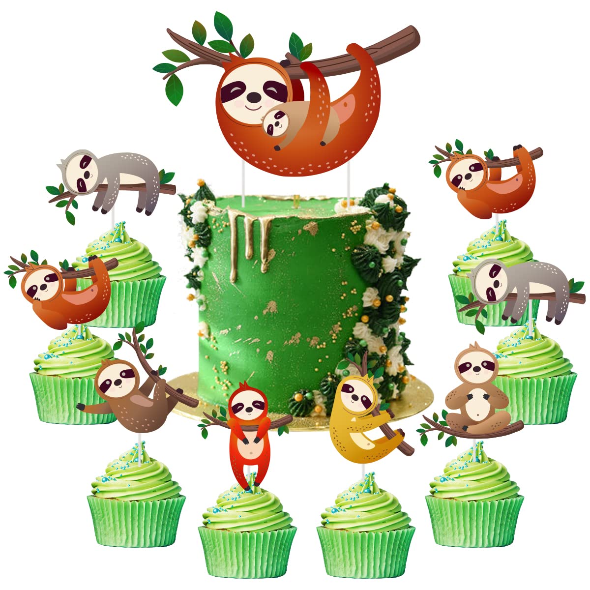 Cheereveal 25PCS Sloth Cake Topper and Cupcake Toppers, Cake Decorations for Sloth Theme Birthday Party Supplies Baby Shower Decorations