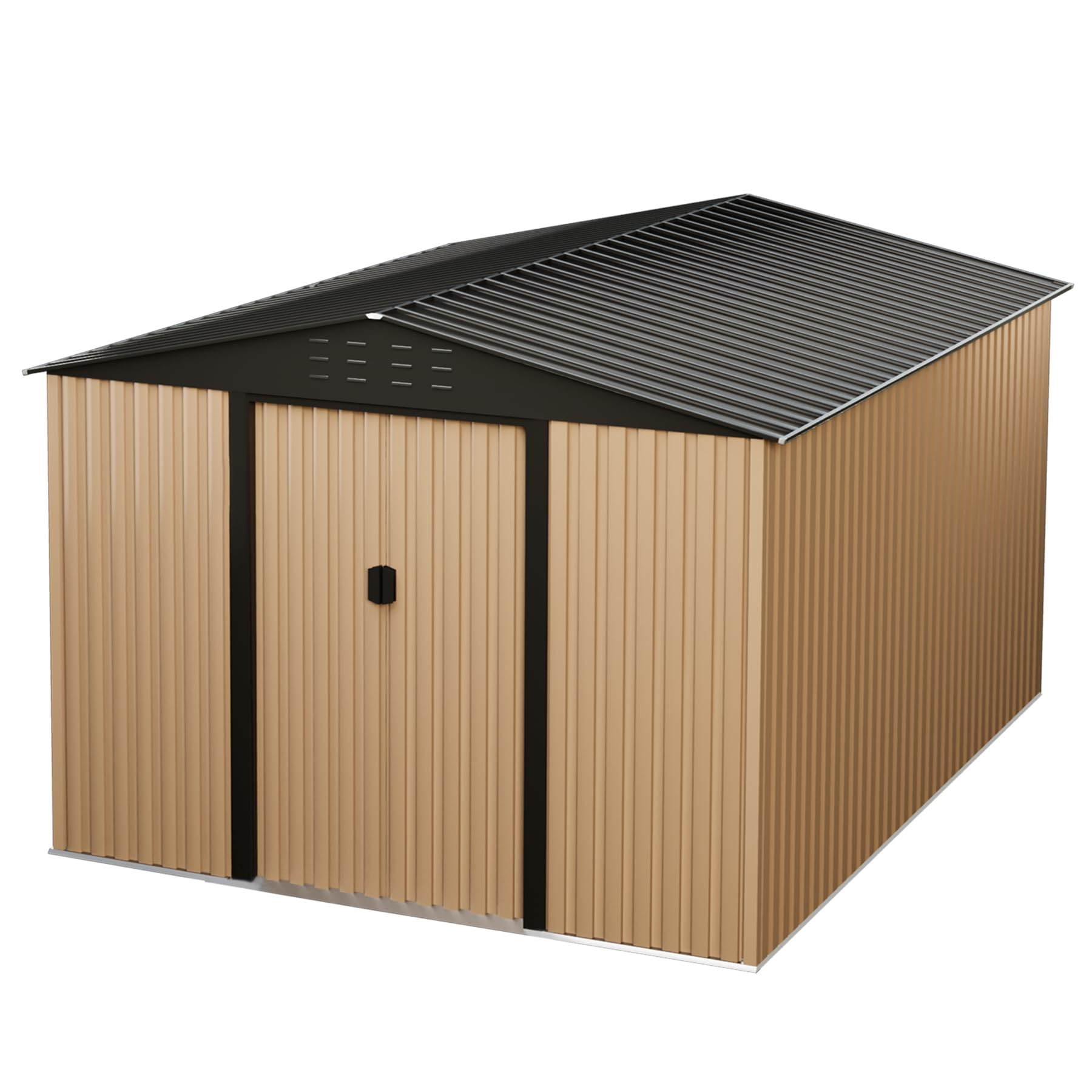 Photo 1 of ShiningLove Metal Garden Shed, 10FT x 8FT Outdoor Storage Shed, Outdoor Metal Utility Tool Storage Shed with Door Lock, Waterproof Roofs, for Backyard Garden Patio Lawn, Brown