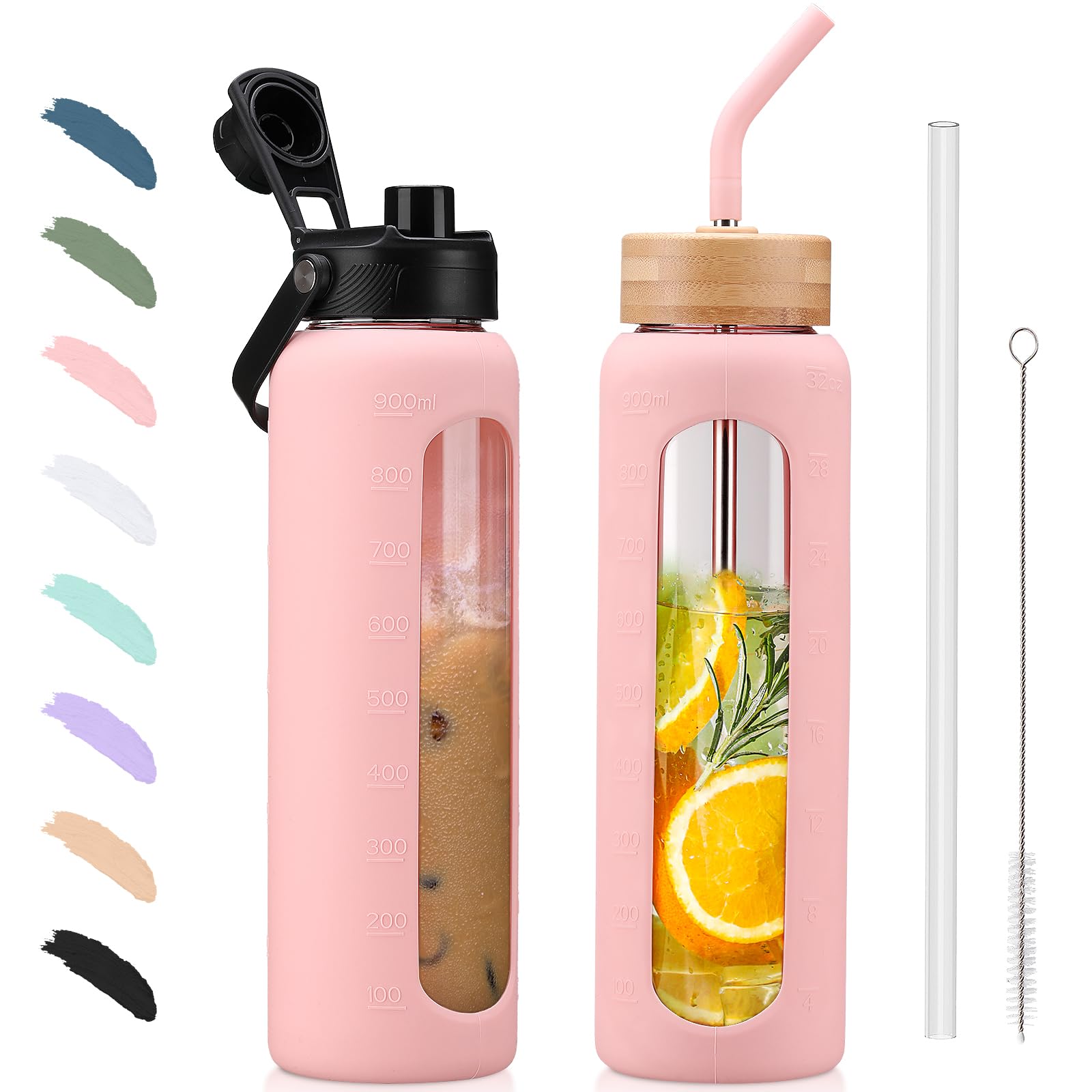 BLUEGO 900ml Glass Water Bottle with Straw and 2 Lids Glass Coffee Cup with Time Marker and Silicone Protector Glass Tumbler for Beverages Soda Cola BPA Free, Pink