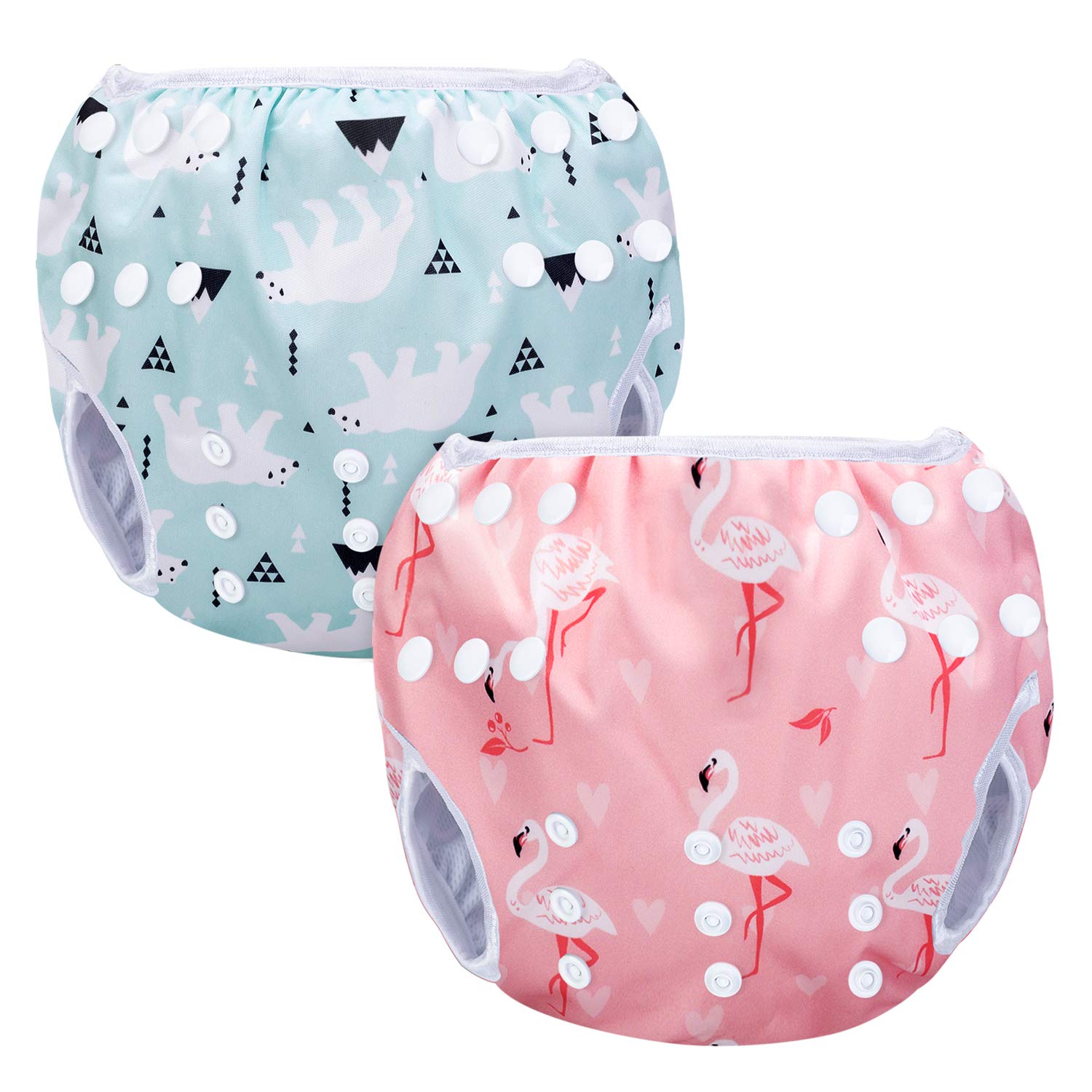 Luxja Swimming Nappy Reusable (Pack of 2), Adjustable Swim Nappies for Baby (0-3 Years), Washable, Pink Flamingo + Polar Bear