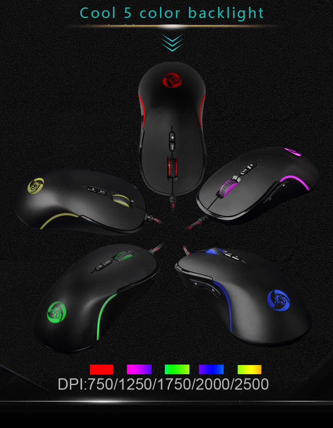 LILONG Gaming Mouse Wired [Metal Base] [Breathing Light] Ergonomic Game USB Computer Mice RGB Gamer Desktop Laptop PC Gaming Mouse, 7 Buttons for Windows 7/8/10/XP Vista Linux, Optical Sensor PMW3050