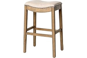 Maven Lane Adrien Backless Bar Stool – 31 Inch Saddle Seat with Footrest – Natural Solid Wood Frame & Natural Fabric Upholstery – Ideal for Bars, Pub Tables & Tall Kitchen Counters