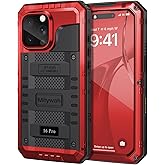 Mitywah Waterproof Case for iPhone 16 Pro, Shockproof Heavy Duty Case with Built-in Screen Protector, Underwater Full Body Protective Metal Case 6.3 inch, Red