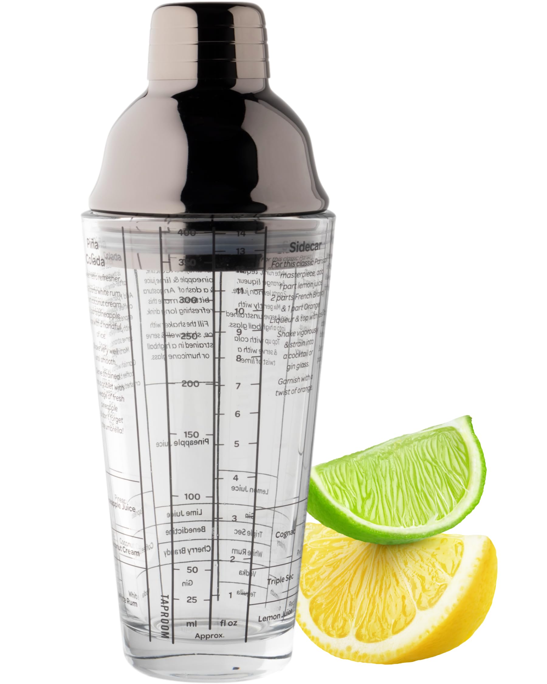 Glass Recipe Cocktail Shaker Tool - 400ml (14fl oz). Built-in Ice Strainer, Silicone Seal & Spirit Measure Cap. Stainless Steel Gun Metal Coloured Lid. Measuring Scale & Recipes on Side of Glass.