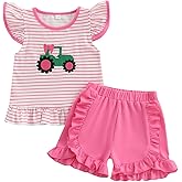 Mobbdow Toddler Baby Girl Farm Outfit Tractor Embroidery Stripe Flutter Sleeve Shirt Tops Ruffle Shorts Set Summer Clothes