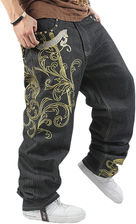 QBO Men's Hip Hop Tattoo Embroidery Graffiti Baggy Jeans Jogging Pants