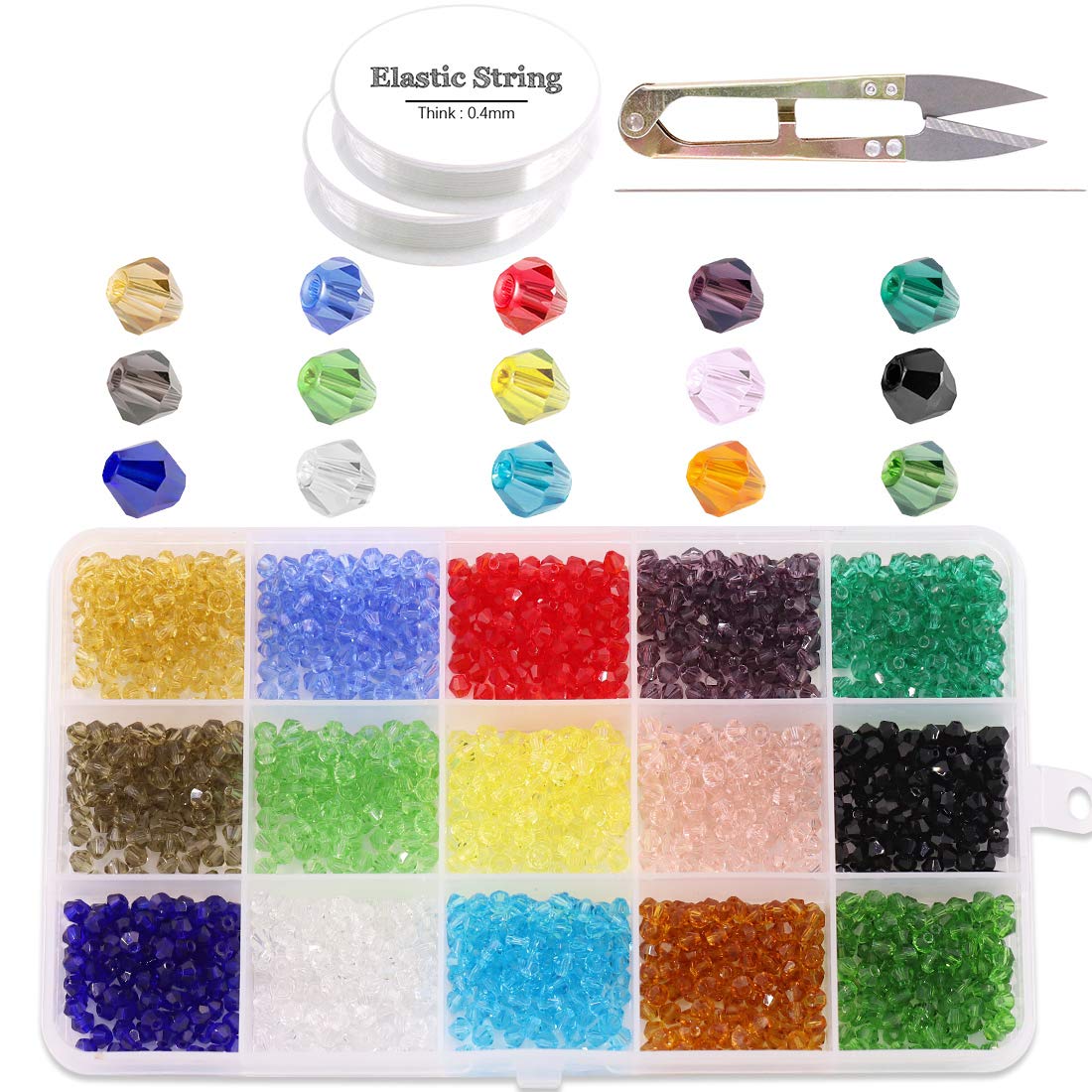 Glarks 1800Pcs 4MM Crystal Bicone Beads Set, 15 Color Bicone Shaped Crystal Glass Faceted Beads with Elastic Rope, Scissor, Needle for DIY Jewelry Making, Bracelets, Necklaces, Earrings