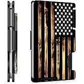 MIFANYO Wallet for Men, Minimalist Card Holder with Cash Strap, Slim Metal Front Pocket Wallet, RFID Blocking, Personalized Wood American Flag
