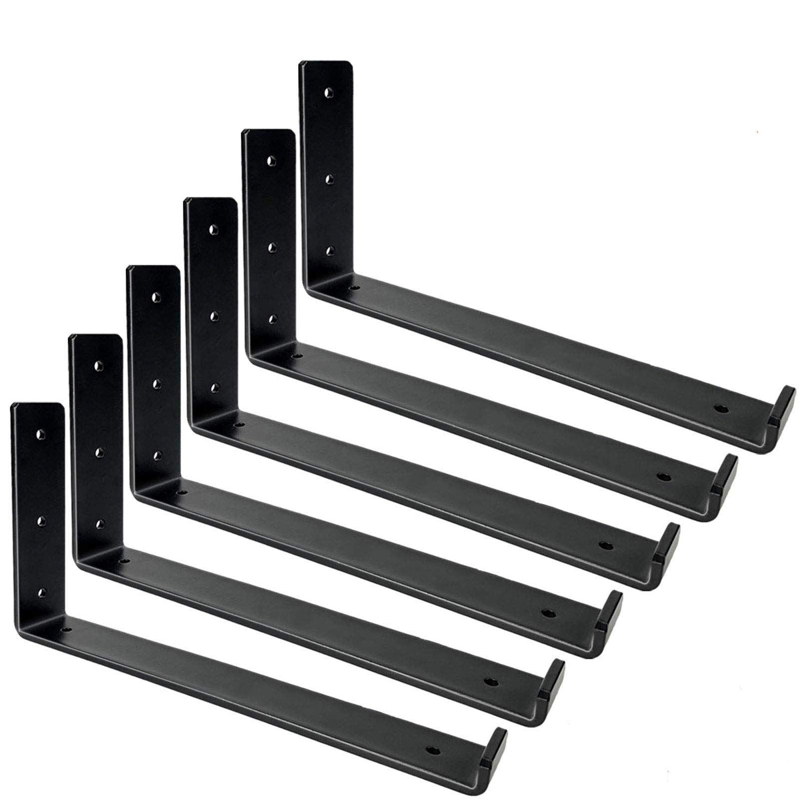 Shelf Brackets 12 Inch, Heavy Duty Black Metal Floating Shelf Bracket, Rustic Farmhouse Decorative Iron L Bracket with Lip/Hook, J Brackets Wall Angel Corner Brace for Wood Shelves - 6 Pack