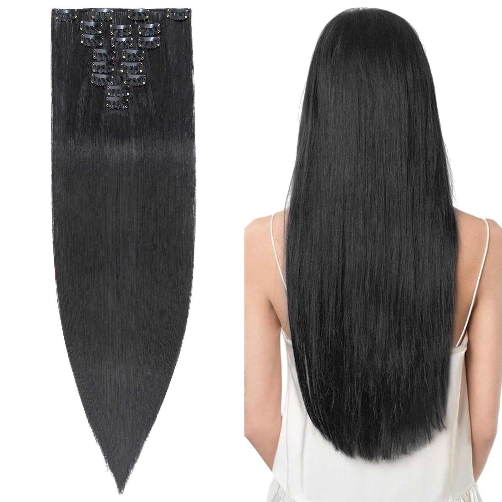 8PCS Hairpiece Clip in Hair Extensions -Natural Black 24inch Long Straight Synthetic Hair Piece for Full Head