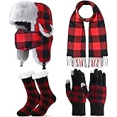 Handepo 4 Pcs Winter Plaid Trapper Hat with Gloves Scarf Socks Set for Women Men Warm Lumberjack Hat Gift Set