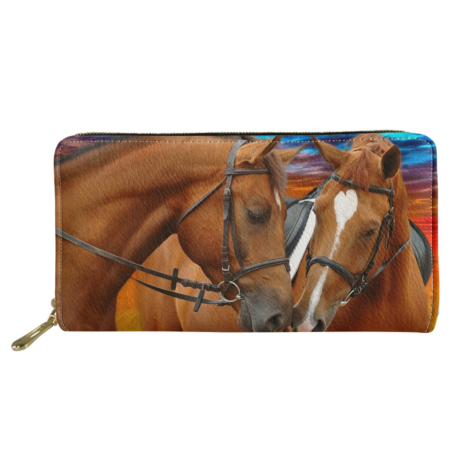 Jndtueit Women Men PU Leather Wallet Animal Horse Pattern Zip Around Long Purses Clutch Handbag Credit Card Storage Bag