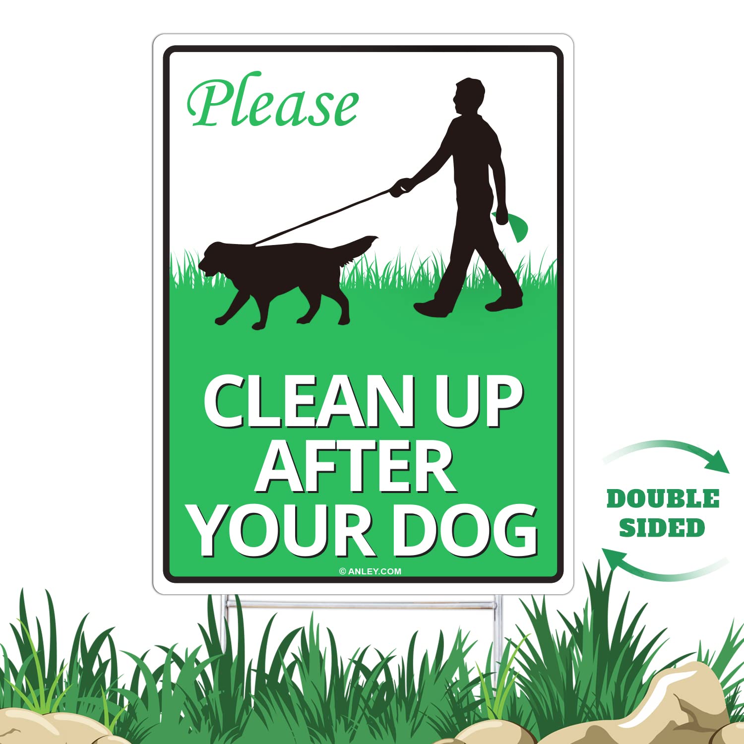 ANLEY Clean Up After Your Dog Yard Sign 12" x 9" with Metal H Stake Stand - Quick & Easy Install - Weather Fade Resistant for Outdoor Use - No Pooping Peeing Dogs Lawn Signs