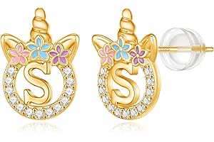 POSHJEW Unicorns Gifts for Girls Earrings,14k Gold/White Gold/Rose Gold Plated Sterling Silver Post CZ Unicorn Stud Earrings for Girls Initial Stud Unicorn Earrings for Little Girls Kids Jewelry Gifts