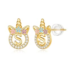 Unicorn Gifts for Girls - 14K Gold CZ Letter S