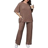 Beautife Womens Plus Size 2 Piece Lounge Sets Ribbed Short Sleeve Tops and Wide Leg Pants Set Travel Airport Outfits