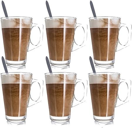 6 Latte Glasses Tea Coffee Cappuccino Glass Cups Hot Drink Mugs 240ml With 6 Free Long Spoons Nice Box Packing Amazon Co Uk Kitchen Home