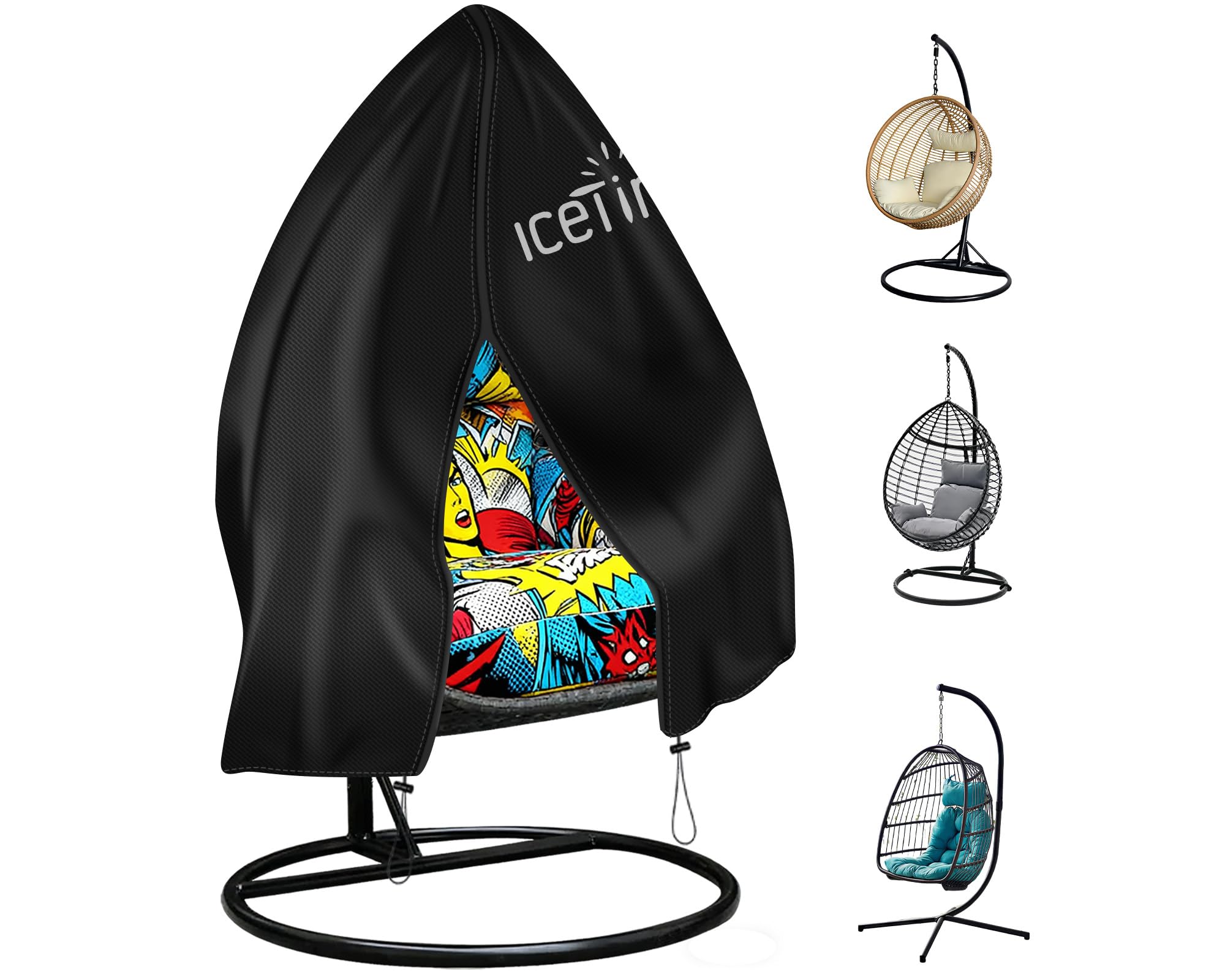 Icetimer Upgraded Egg Chair Cover - Waterproof, Windproof, Heavy Duty Large Patio Hanging Swing Seat Cover With Zipper, 190x115cm, Black