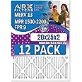 20x25x2 Air Filter MERV 13 Rating, 12 Pack of Furnace Filters Comparable to MPR 1500-2200 & FPR 9 - Made in USA by AIRX FILTERS WICKED CLEAN AIR.