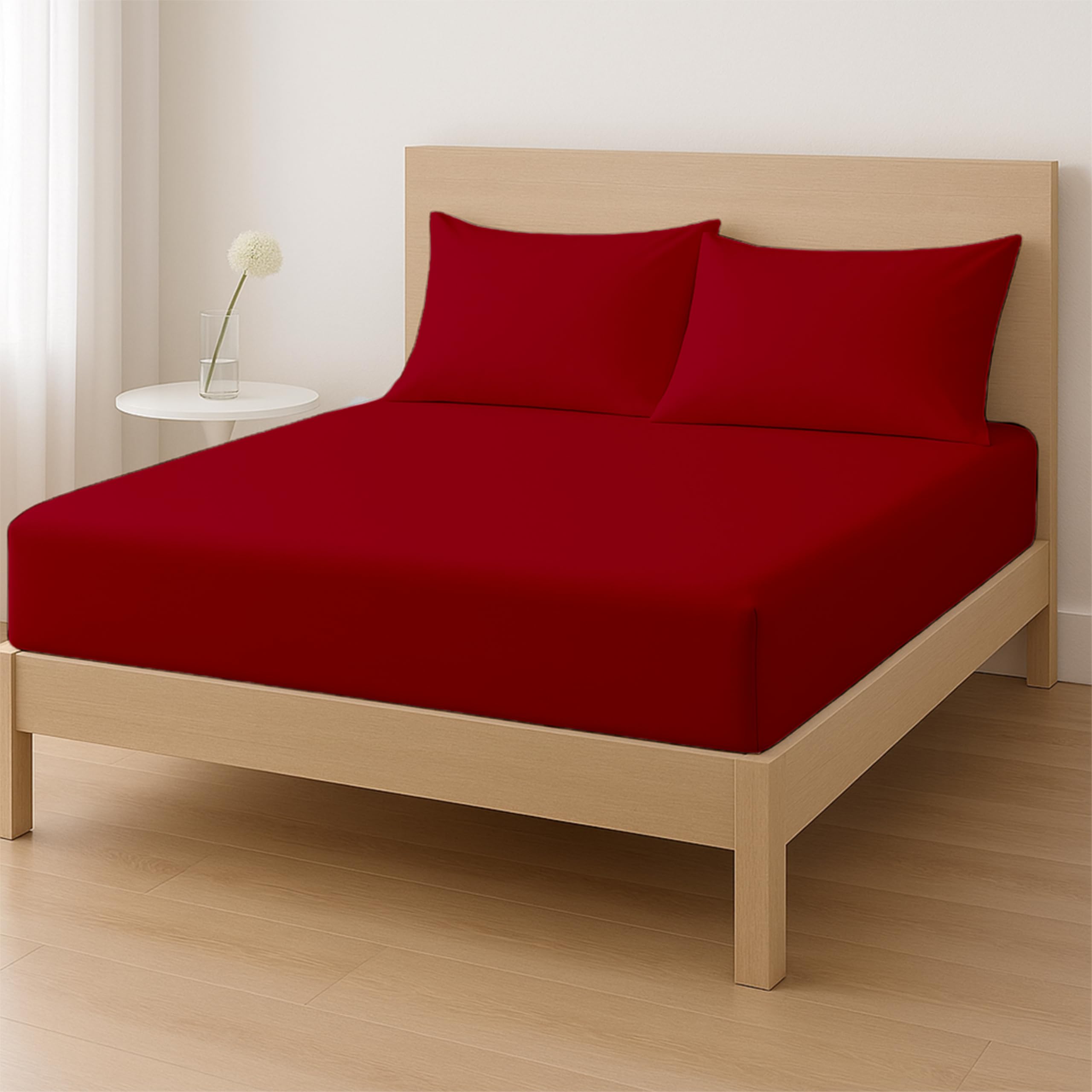 Rohi King Size Fitted Sheet Set – 25cm Deep with Elasticated Corners – Soft & Breathable Cotton Blend Fitted Sheet with Pillowcases – Shrink & Fade Resistant – King Bed Sheet Set (Red, King) — image 1