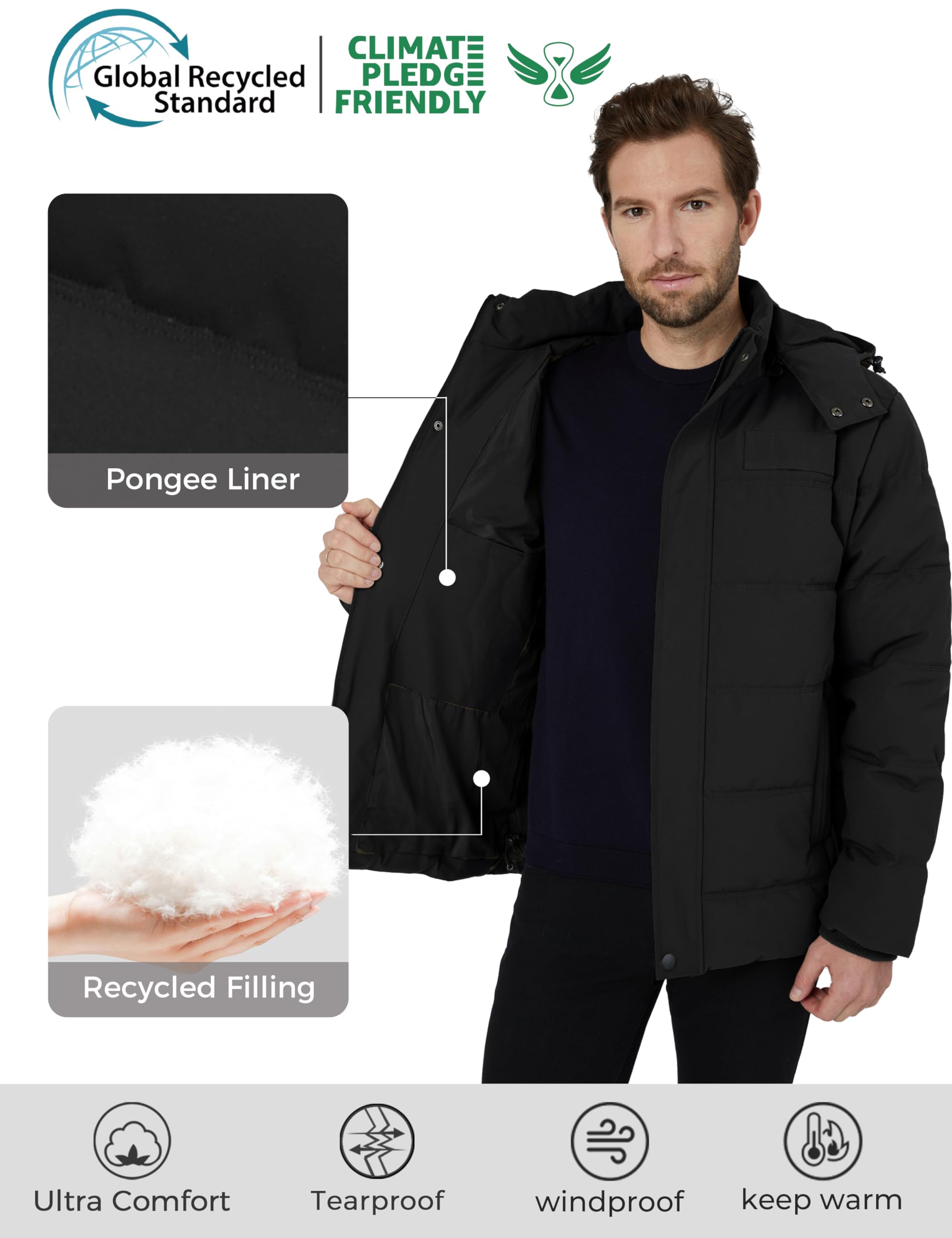Wantdo Men's Hooded Winter Coat Warm Puffer Jacket Thicken Cotton Coat with Removable Hood