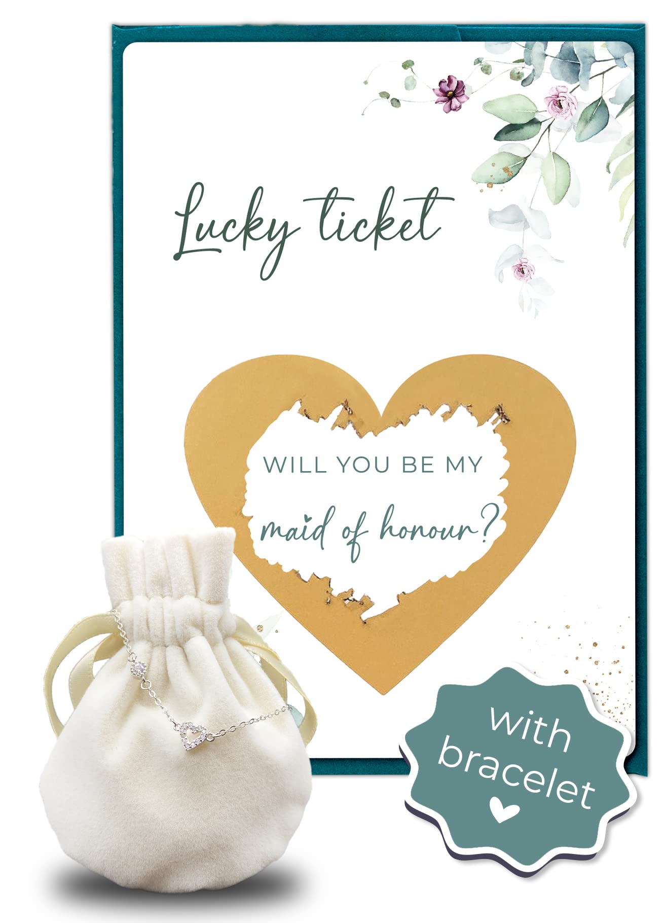 Joli Coon Will you be my maid of honour scratch card with bracelet and envelope - Eucalyptus - Maid of honour proposal
