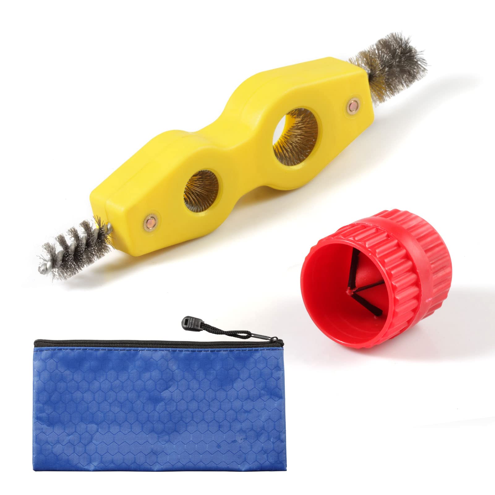 SPEEDWOX 2Pcs Copper Pipe Cleaner and Reamer Set, Include 1 Piece 4 in 1 Copper Tubing Brush, 1 Piece Pipe and Tubing Reamer and 1 Piece Blue Bag for Plumbing Installation, Soldering, Copper Pipes