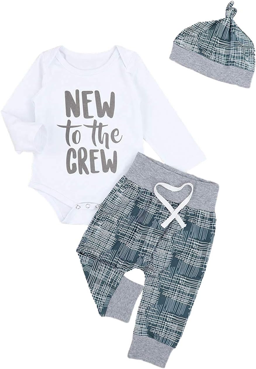 Newborn Baby Boy Girl Clothes New to The Crew Romper+Pants+Hat Outfits Set