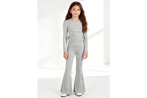 Girls' 2-Piece Fitted Set, Long-Sleeve T Shirt Top & Flared Pants, Casual Yoga Contour Outfits (8-12Y)