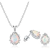 DwearBeauty Jewelry sets for Women, Silver Necklace and Earring set 18k White Gold Plated Opal Halo Pendant Necklace and Stud Earrings for Women