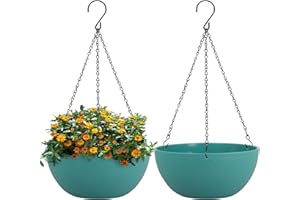 WSMKSZ 13 inch Large Hanging Planters Plant Pots for Outdoor Indoor Plants with Drainage Holes and Chain, 2 Pack Round Hanging Flower Pots for Garden Home Porch Decor, Blue Green